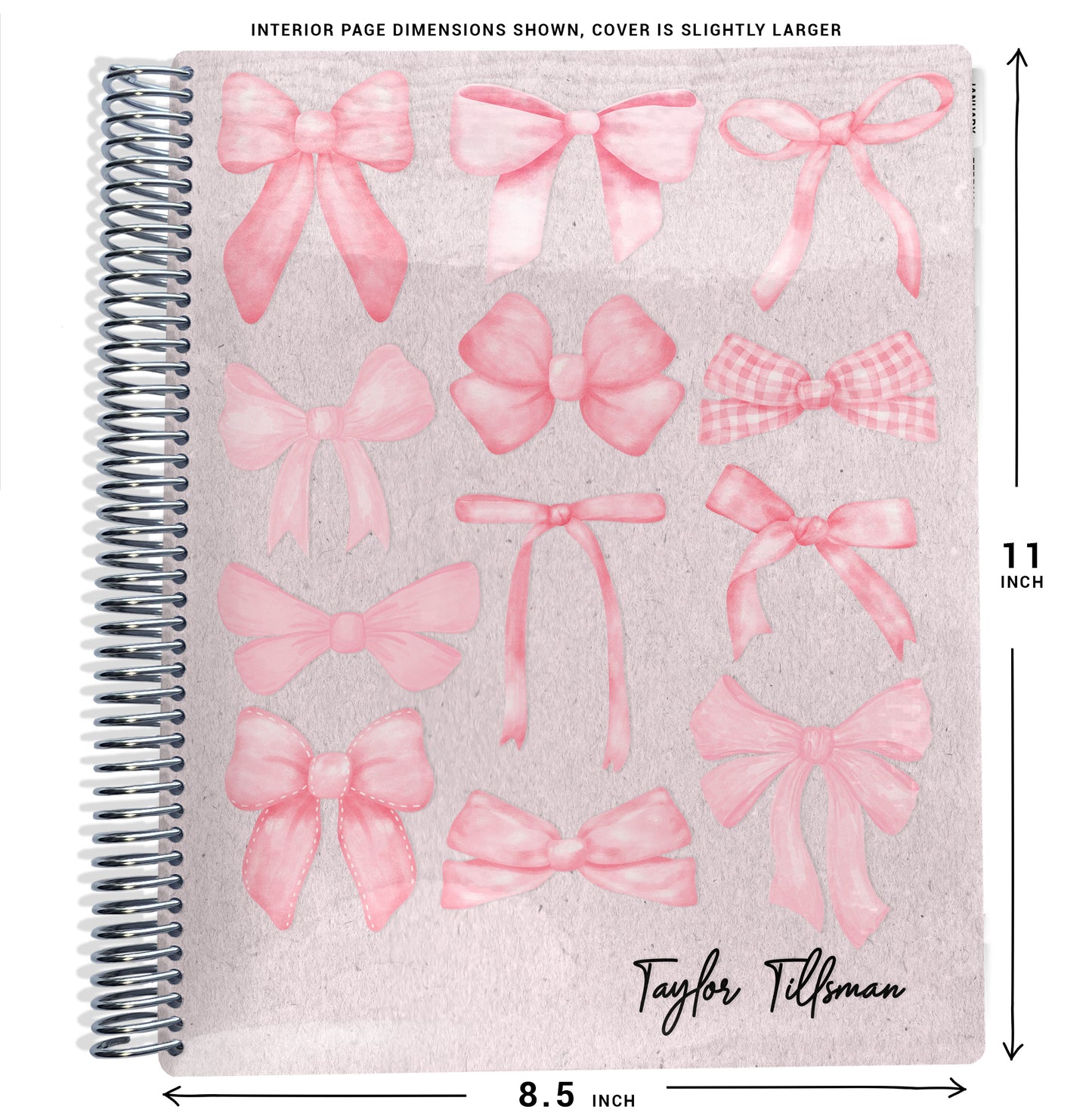 planner Notebook with different pink bows on pink background design, size dimensions indicated.