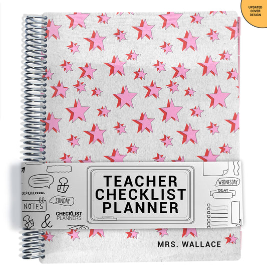 Teacher checklist planner with pink star pattern on a gray background, showing dimensions