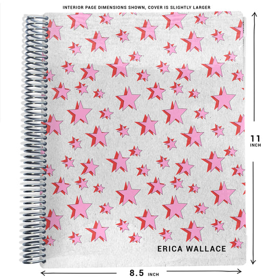 checklist planner with pink star pattern on a gray background and size dimensions shown