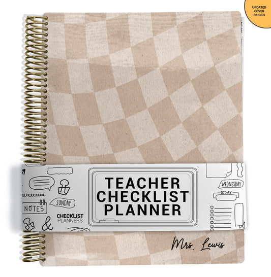 Teacher Checklist Planner with tan checkered cover and spiral binding