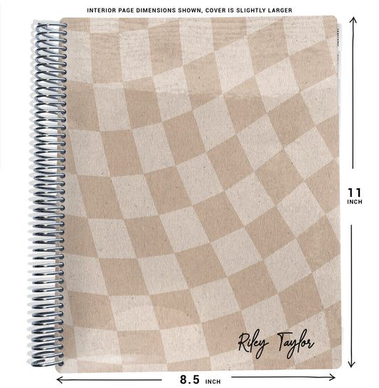 tan wavy checker patterned planner Notebook with spiral binding and size dimensions labeled on a white background
