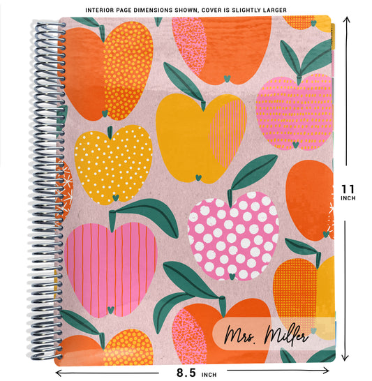 orange and pink geometric apples pattern on planner Notebook with spiral binding and size dimensions labeled on a white background