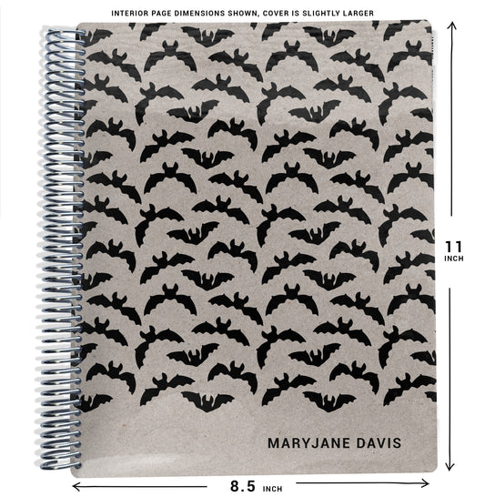gray background with black bats pattern on planner Notebook with spiral binding on a white background with size dimensions