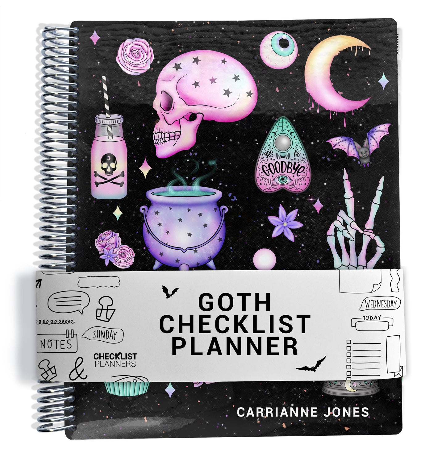 black background with pink and purple goth illustrations pattern on planner Notebook with spiral binding on a white background