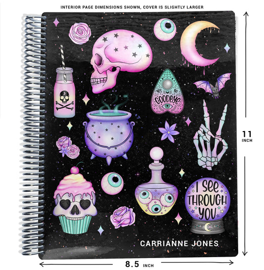 black background with pink and purple goth illustrations pattern on planner Notebook with spiral binding on a white background with size dimensions