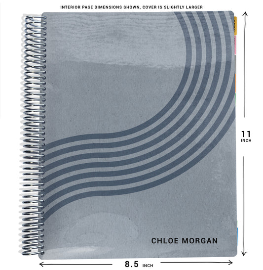 blue wavy lines pattern on planner Notebook with spiral binding and size dimensions labeled on a white background