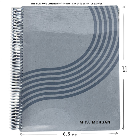 blue wavy lines pattern on planner Notebook with spiral binding and size dimensions labeled on a white background