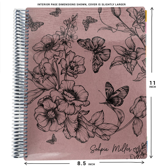 mauve pink and black butterflies and flowers pattern on planner Notebook with spiral binding and size dimensions labeled on a white background