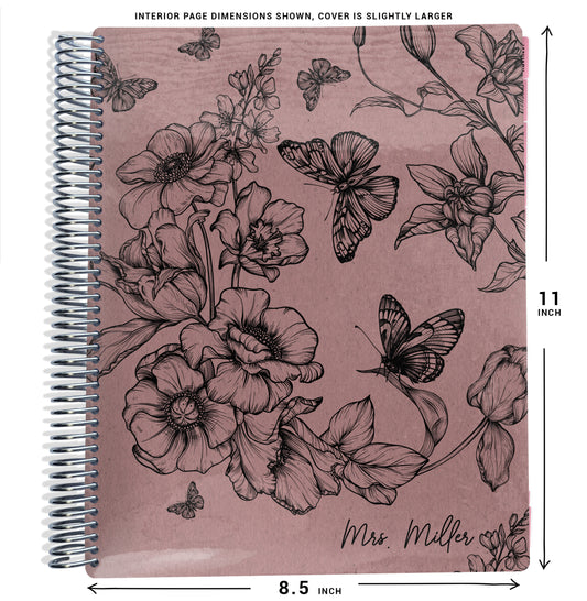mauve pink and black butterflies and flowers pattern on planner Notebook with spiral binding and size dimensions labeled on a white background