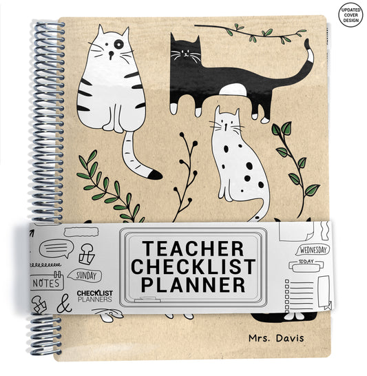 black and white cats illustrations with green leaves on beige background on planner Notebook with spiral binding