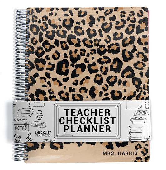 tan cheetah pattern on planner Notebook with spiral binding on a white background