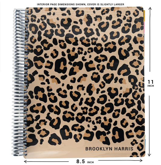 tan cheetah pattern on planner Notebook with spiral binding and size dimensions labeled on a white background