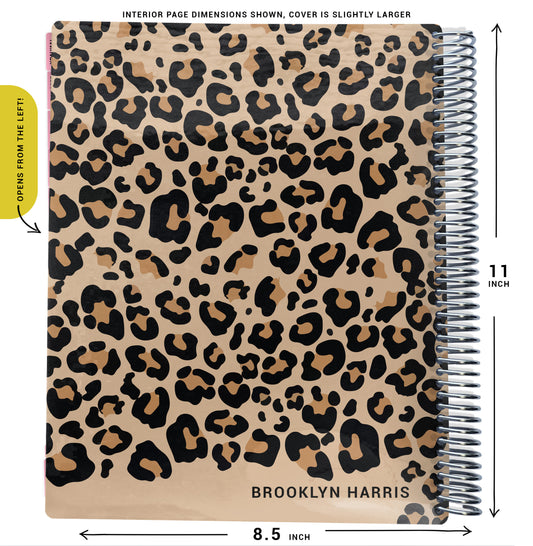 tan cheetah print pattern on planner Notebook with spiral binding and size dimensions labeled on a white background