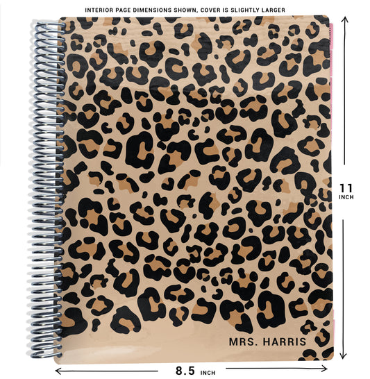 tan cheetah pattern on planner Notebook with spiral binding and size dimensions labeled on a white background