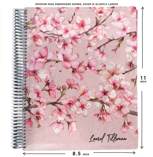 planner Notebook with cherry blossom design and size dimensions shown