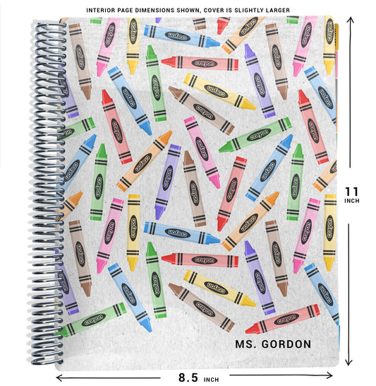 colorful crayons pattern on planner Notebook with spiral binding and size dimensions labeled on a white background