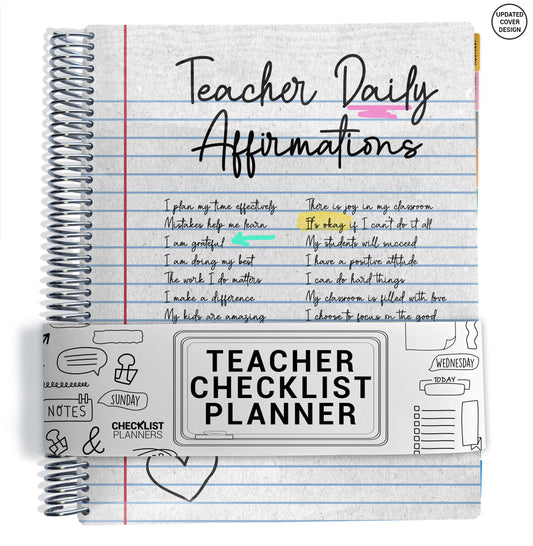 list of teacher daily affirmations on planner Notebook with spiral binding on a white background