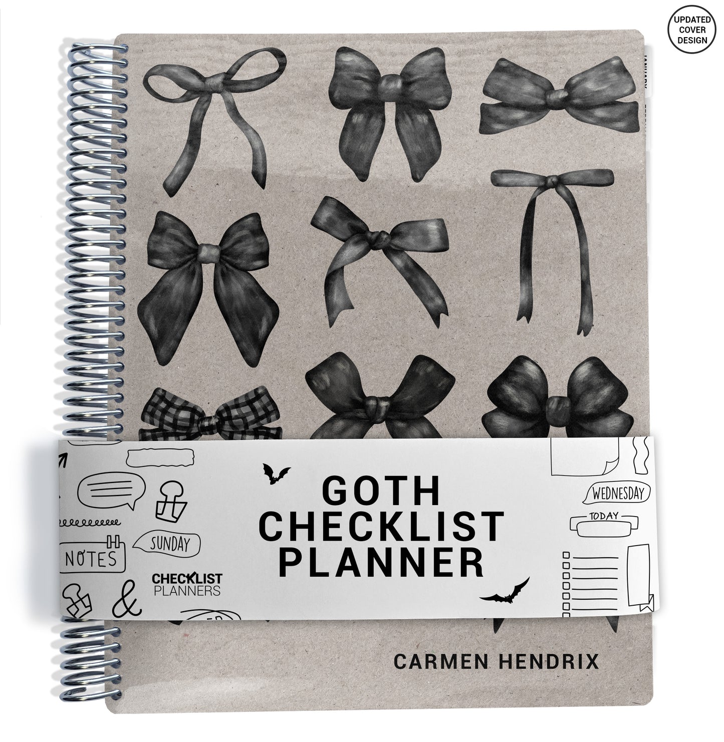 planner Notebook with different black bows on gray background design