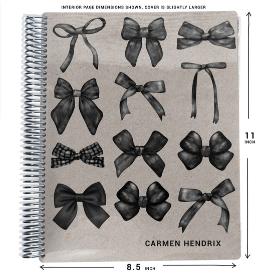 planner Notebook with different black bows on gray background design, size dimensions indicated.