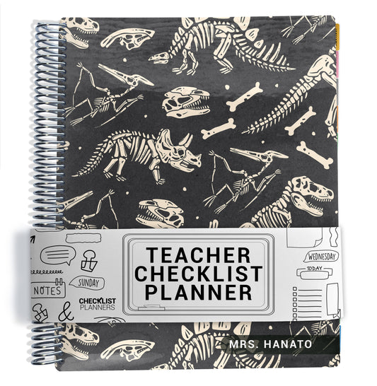 beige and black dinosaur bones pattern on planner Notebook with spiral binding on a white background