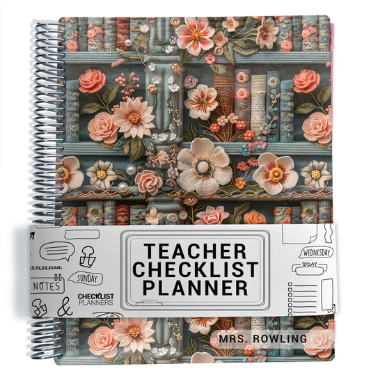 pink and blue books and flowers on bookshelf pattern on planner Notebook with spiral binding