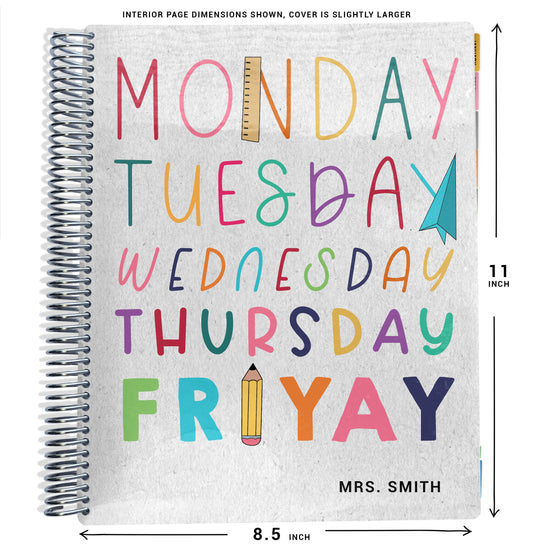 planner Notebook with colorful days of the week text and dimensions displayed
