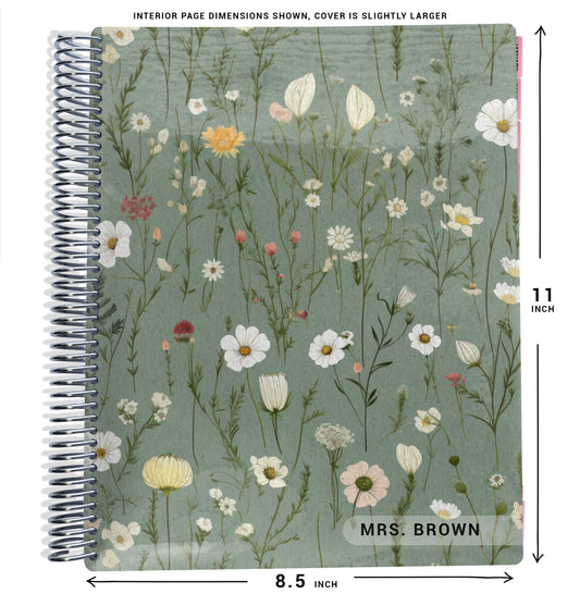 green floral pattern on planner Notebook with spiral binding and size dimensions labeled on a white background