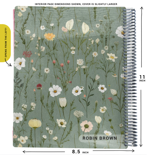 green floral pattern on planner Notebook with spiral binding and size dimensions labeled on a white background
