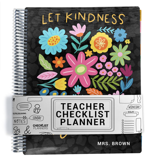 colorful floral with the text 'let kindness bloom' with black cheetah background on planner Notebook with spiral binding  on a white background