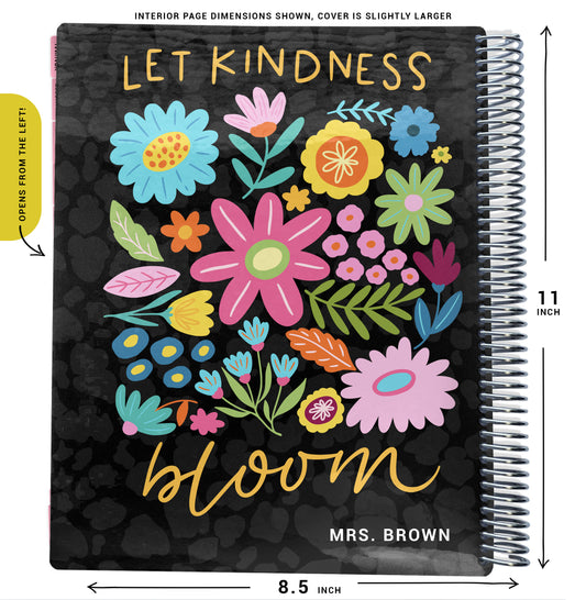 colorful floral with the text 'let kindness bloom' with black cheetah background on planner Notebook with spiral binding and size dimensions labeled on a white background