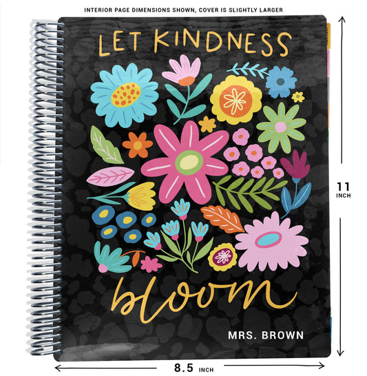colorful floral with the text 'let kindness bloom' with black cheetah background on planner Notebook with spiral binding and size dimensions labeled on a white background
