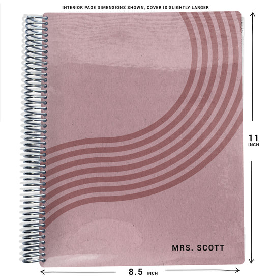 pink with wavy lines design on planner Notebook with spiral binding and size dimensions labeled on a white background