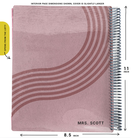 mauve pink wavy lines pattern on planner Notebook with spiral binding and size dimensions labeled on a white background