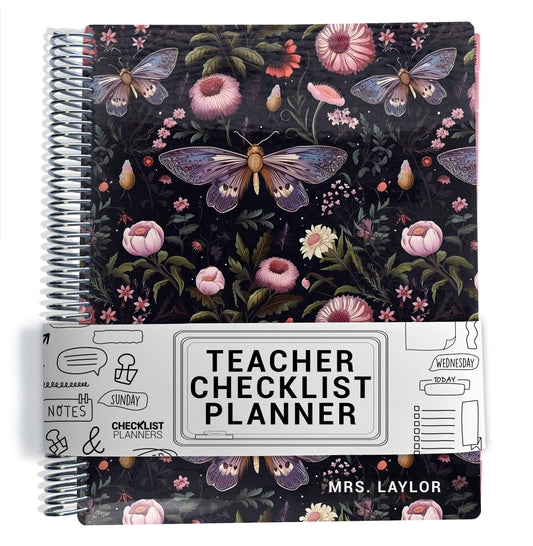 teacher checklist planner with pink, purple, and blue moths and floral pattern with spiral coil on a white background