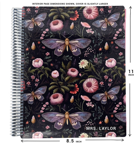 pink, purple, and blue moths and floral pattern on planner Notebook with spiral binding and size dimensions labeled on a white background