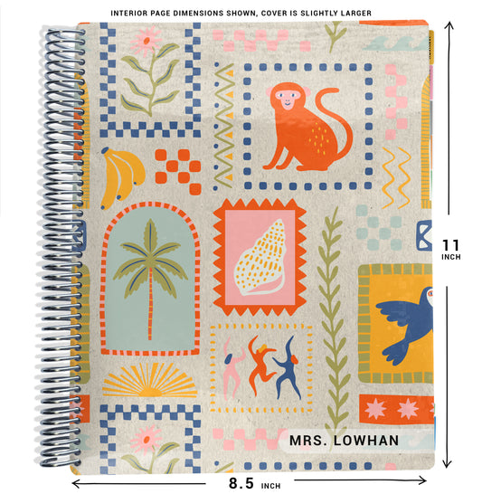 mural art illustrations on planner Notebook with spiral binding and size dimensions labeled on a white background