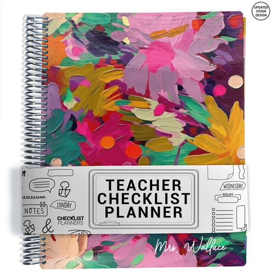 colorful pink, yellow, and purple flowers pattern on planner Notebook with spiral binding on a white background