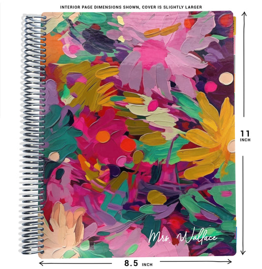 colorful pink, yellow, and purple flowers pattern on planner Notebook with spiral binding and size dimensions labeled on a white background