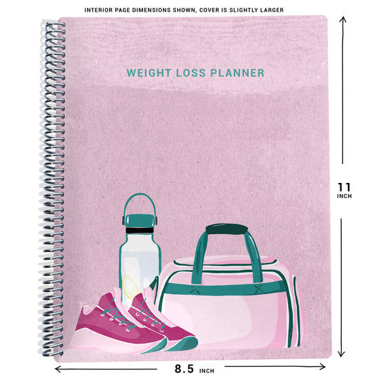 pink background with gym bag, water bottle, and shoes pattern with the text 'weight loss planner' on planner Notebook with spiral binding and size dimensions labeled on a white background