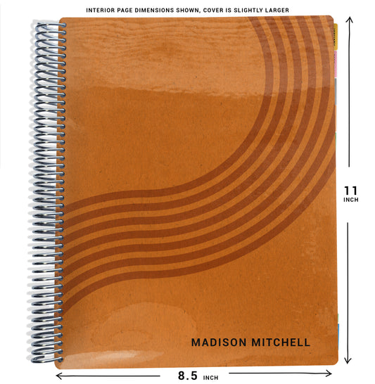 auburn orange wavy lines pattern on planner Notebook with spiral binding and size dimensions labeled on a white background