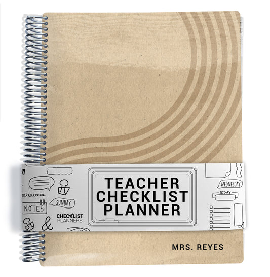 Teacher Checklist Planner with tan background and brown curvy lines cover and spiral binding