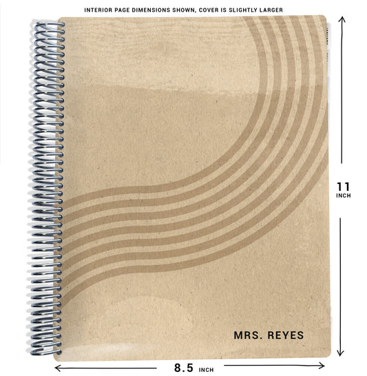 planner Notebook with spiral binding and tan cover with brown curvy lines, and size dimensions labeled on a white background