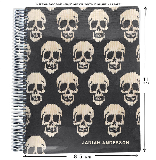 black and beige skull head illustrations, on planner Notebook with spiral binding on a white background with size dimensions