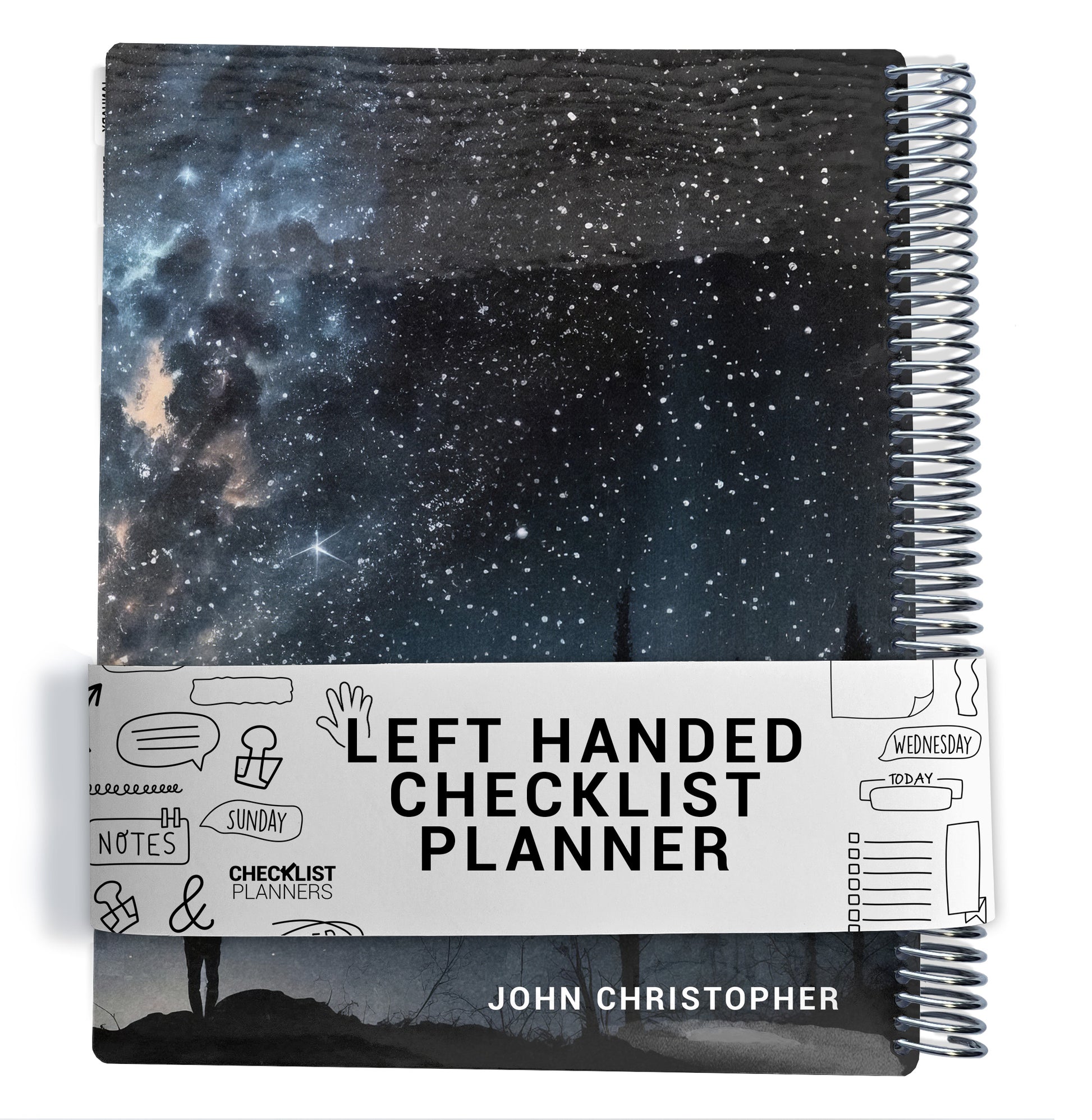 blue and black sky with star, mountains, and trees, and one man standing pattern on planner Notebook with spiral binding on a white background