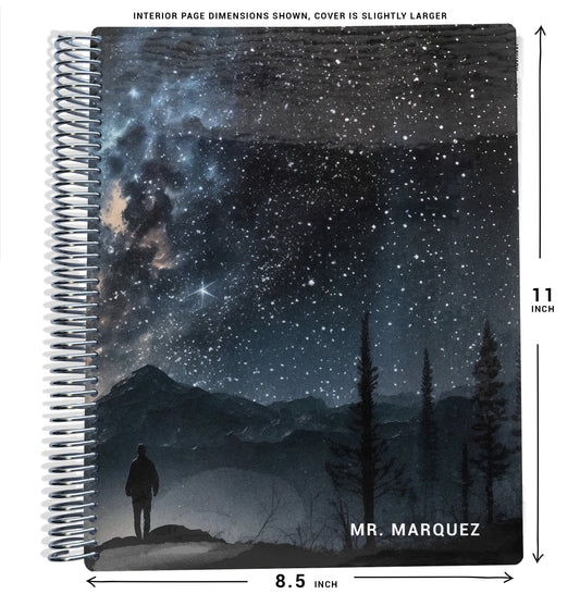 blue and black sky with star, mountains, and trees, and one man standing pattern on planner Notebook with spiral binding and size dimensions labeled on a white background