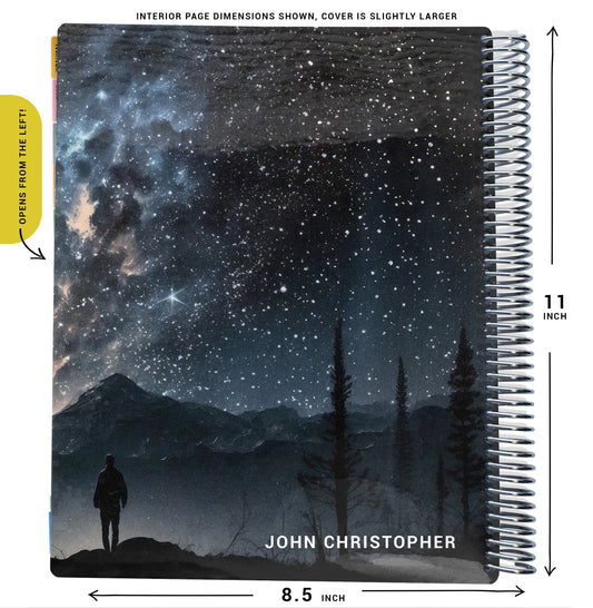 blue and black sky with star, mountains, and trees, and one man standing pattern on planner Notebook with spiral binding and size dimensions labeled on a white background