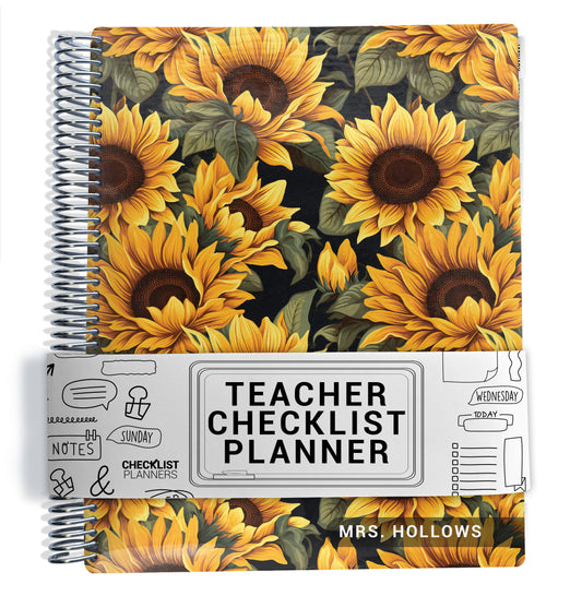 yellow, green, and black sunflowers pattern on planner Notebook with spiral binding on a white background