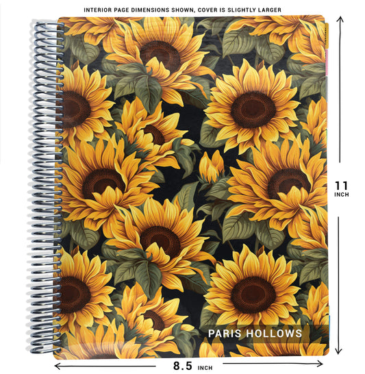 yellow, green, and black sunflowers pattern on planner Notebook with spiral binding and size dimensions labeled on a white background