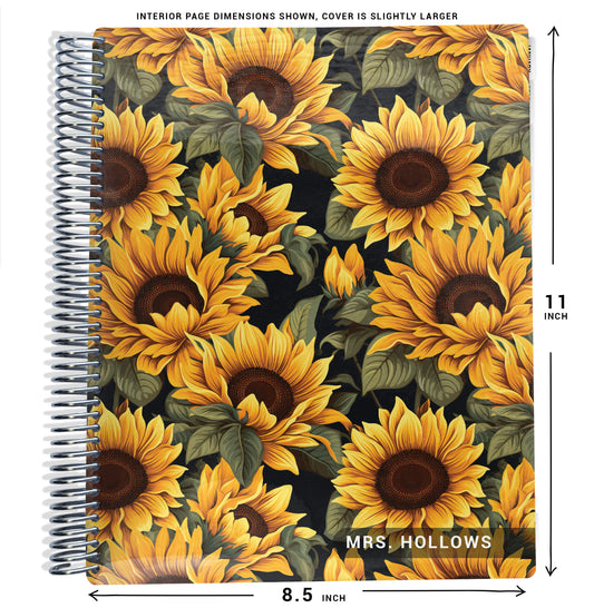 yellow, green, and black sunflowers pattern on planner Notebook with spiral binding and size dimensions labeled on a white background