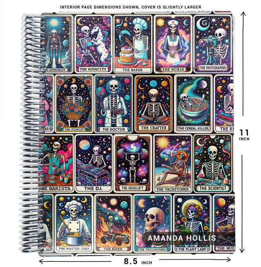 colorful tarot card illustrations, on planner Notebook with spiral binding on a white background with size dimensions